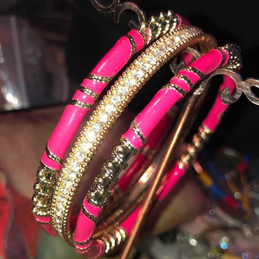 Hot Pink Enamel Boho Bangles (2) + RS Bangle (1) - Picture 4 of 5